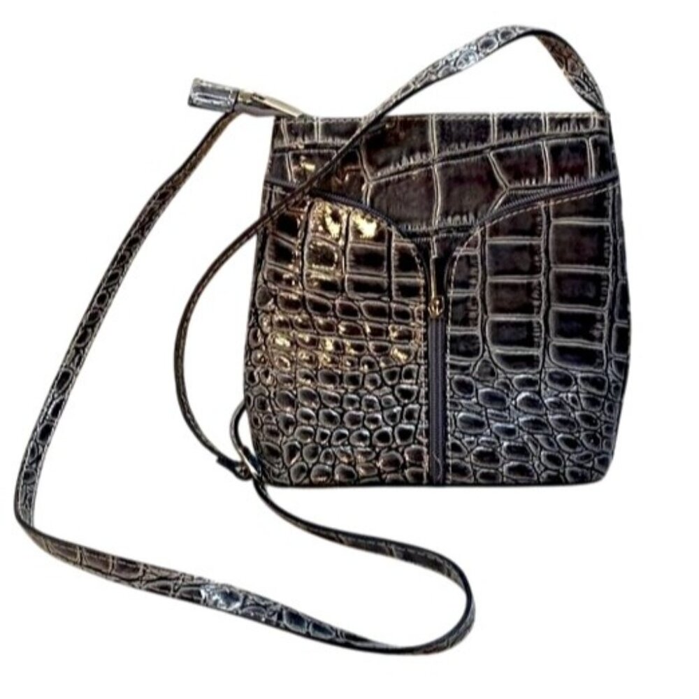 Borgonichio Genuine Leather Crossbody Bag Croc Embossed 7" x 7.5" x 2.5" Made In